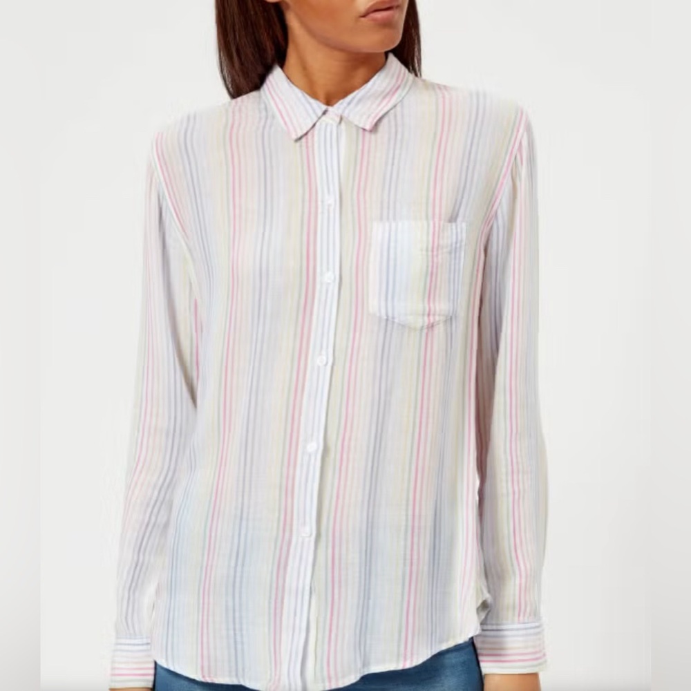 RAILS Charli Button Shirt Isla Stripe Long Sleeve Notched Collar Rainbow XS